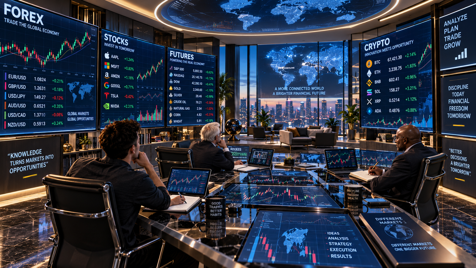 Three men analyzing forex, stocks, futures and cryptocurrency charts on large trading screens inside a modern global financial market trading room.